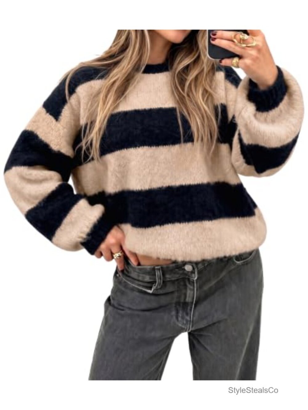 Oversized Striped Fuzzy Knit Sweater Lantern Sleeve Pullover Top
